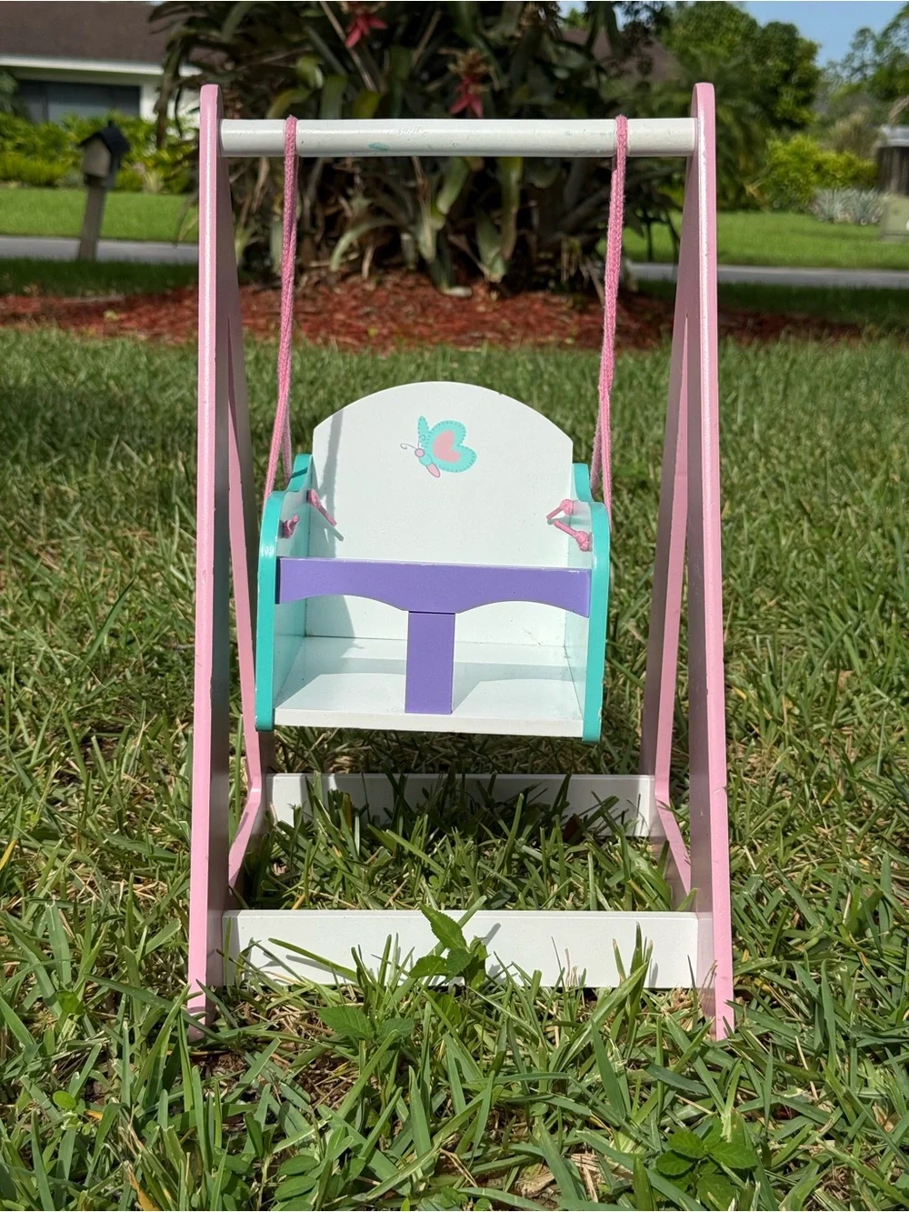 Kidkraft Wooden Doll Swing Seat in Pink, White & Teal with Purple Accent GUC